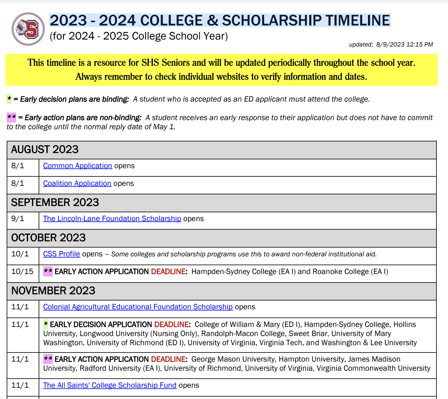  2023-24 College and Scholarship Timeline (for 2024-25 College School Year) - updated 8/9/23